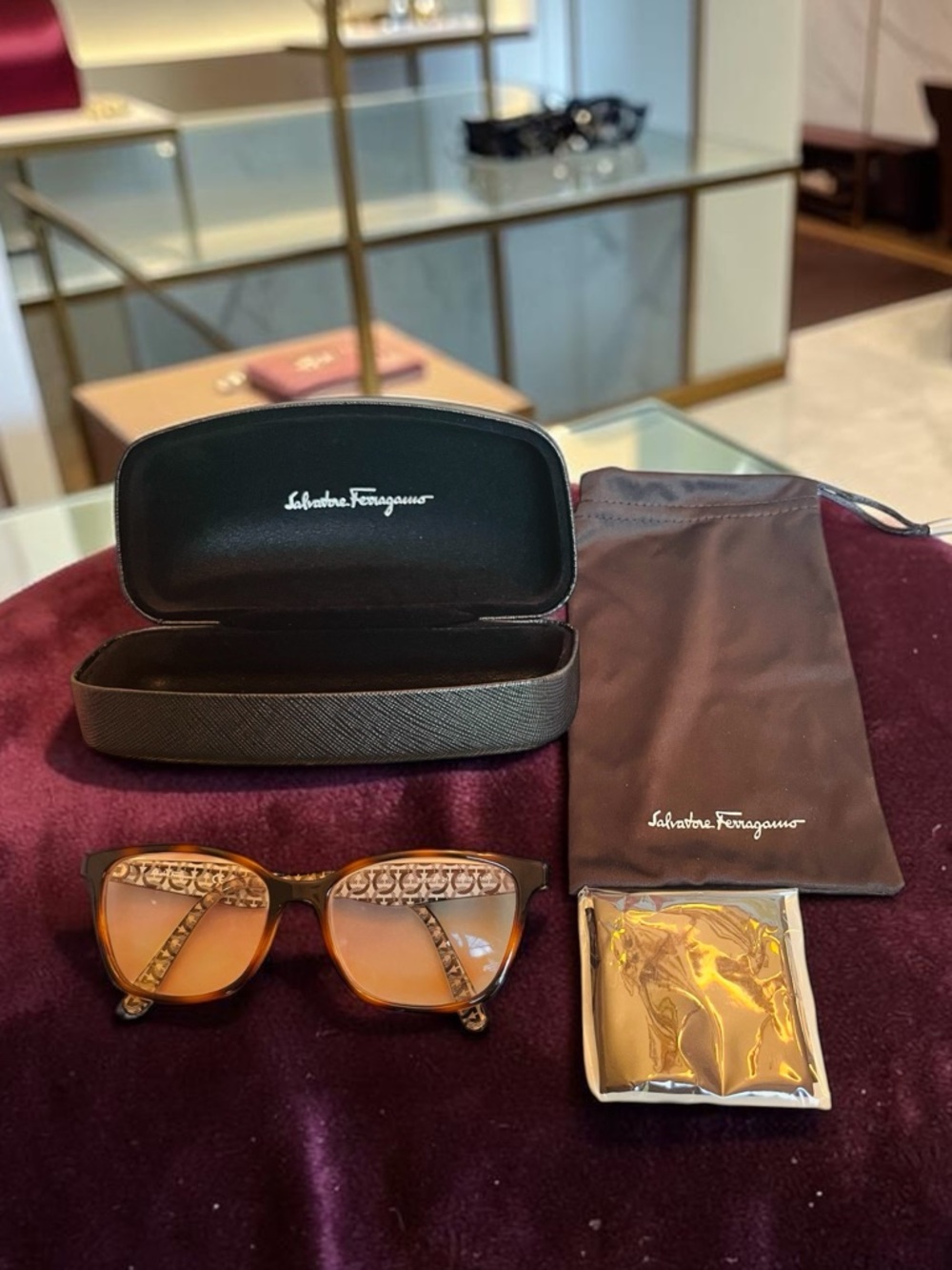 Salvatore Ferragamo Authentic Tortoiseshell Glasses w/Branded Case, Pouch, Cloth